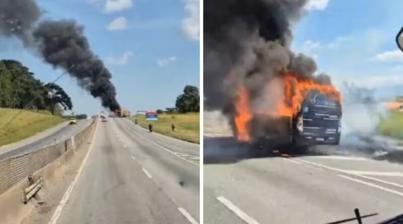 Ônibus com 25 passageiros pega fogo na via Dutra, em Cachoeira Paulista