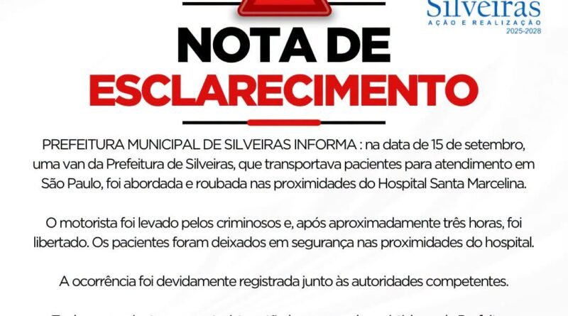 Van da Prefeitura de Silveiras é roubada durante transporte de pacientes em São Paulo